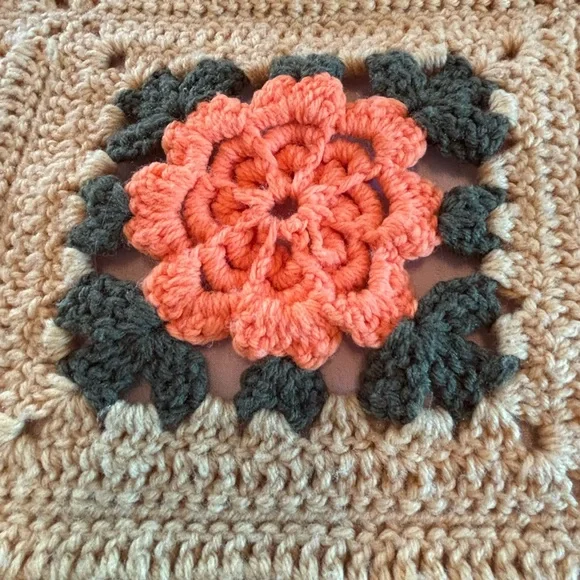 Handmade Crocheted Floral Granny Square Throw - Coral & Tan - Picture 12 of 13